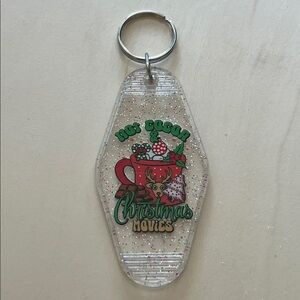 Hot Cocoa & Christmas Movies” Key Tag – Clear Glitter Retro Motel Style